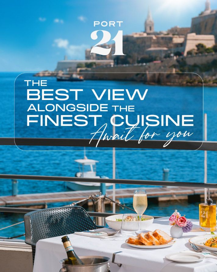 Port 21 poster: the best view alongside the finest cuisine, Valletta across the water