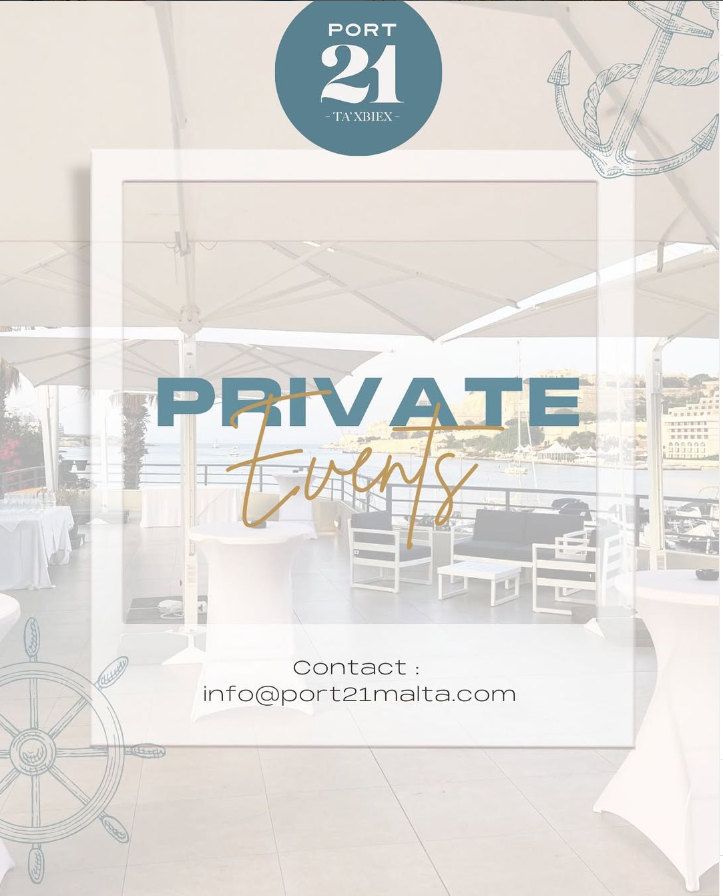 Port 21 poster: Private events, with the terrace set for a reception by the water